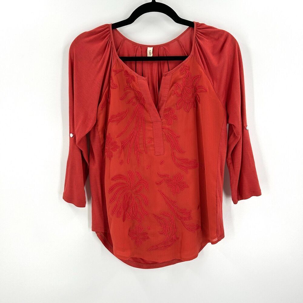 ANTHROPOLOGIE Tiny Orange Red Silk Embroidered Roll Tab Sleeve Boho Blouse Small